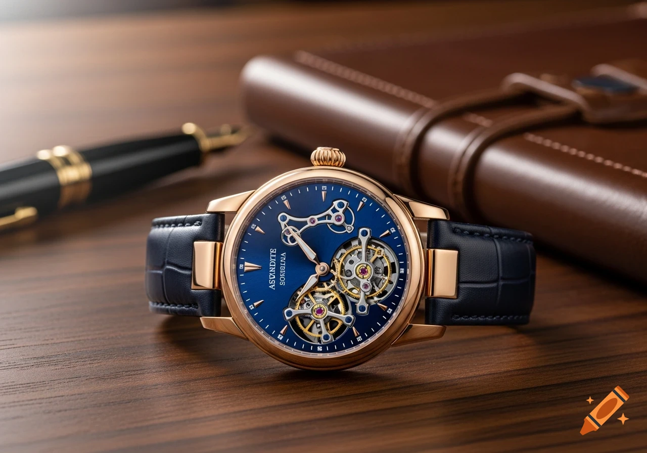 A photorealistic close-up of a gold wristwatch with a blue face and black leather strap, on a wooden desk next to a pen and a leather folio.