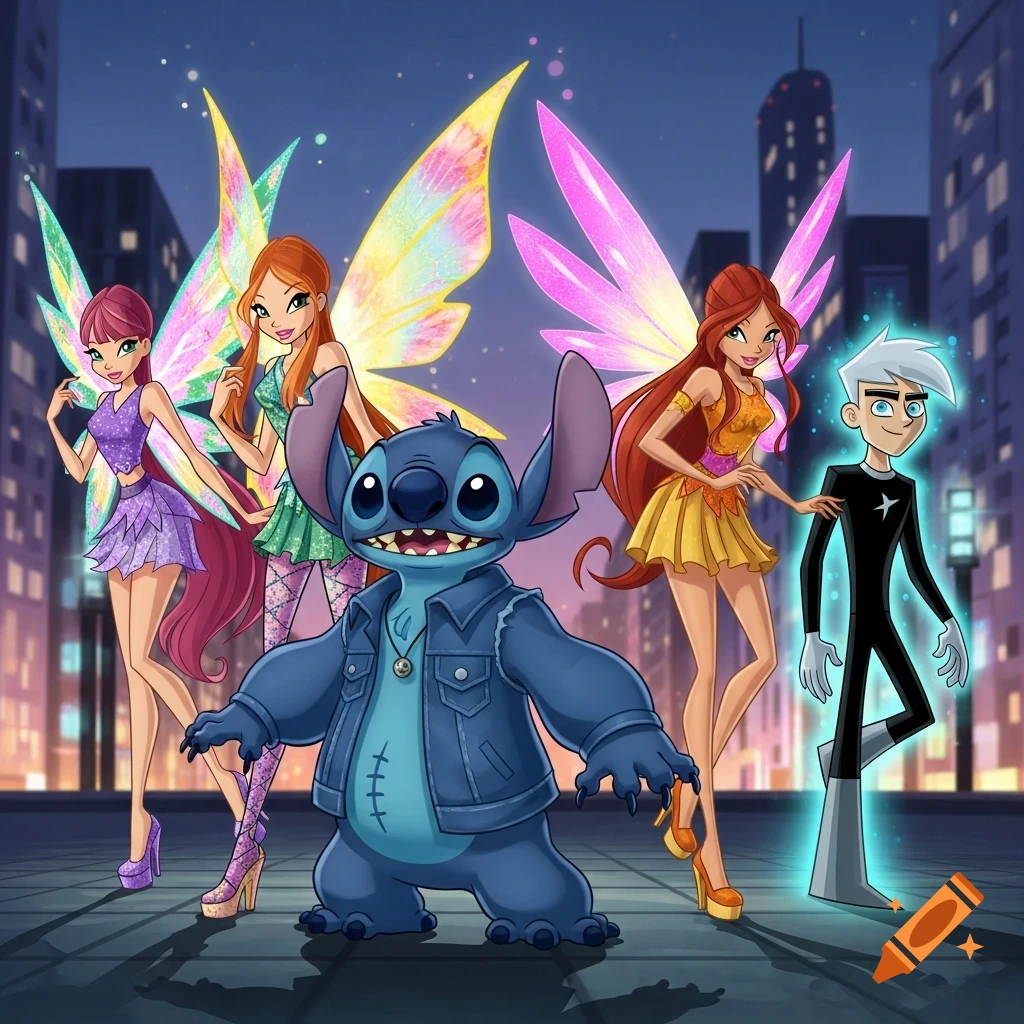 Cartoon crossover of three Winx fairies, Stitch, and Danny Phantom standing in a city at night.