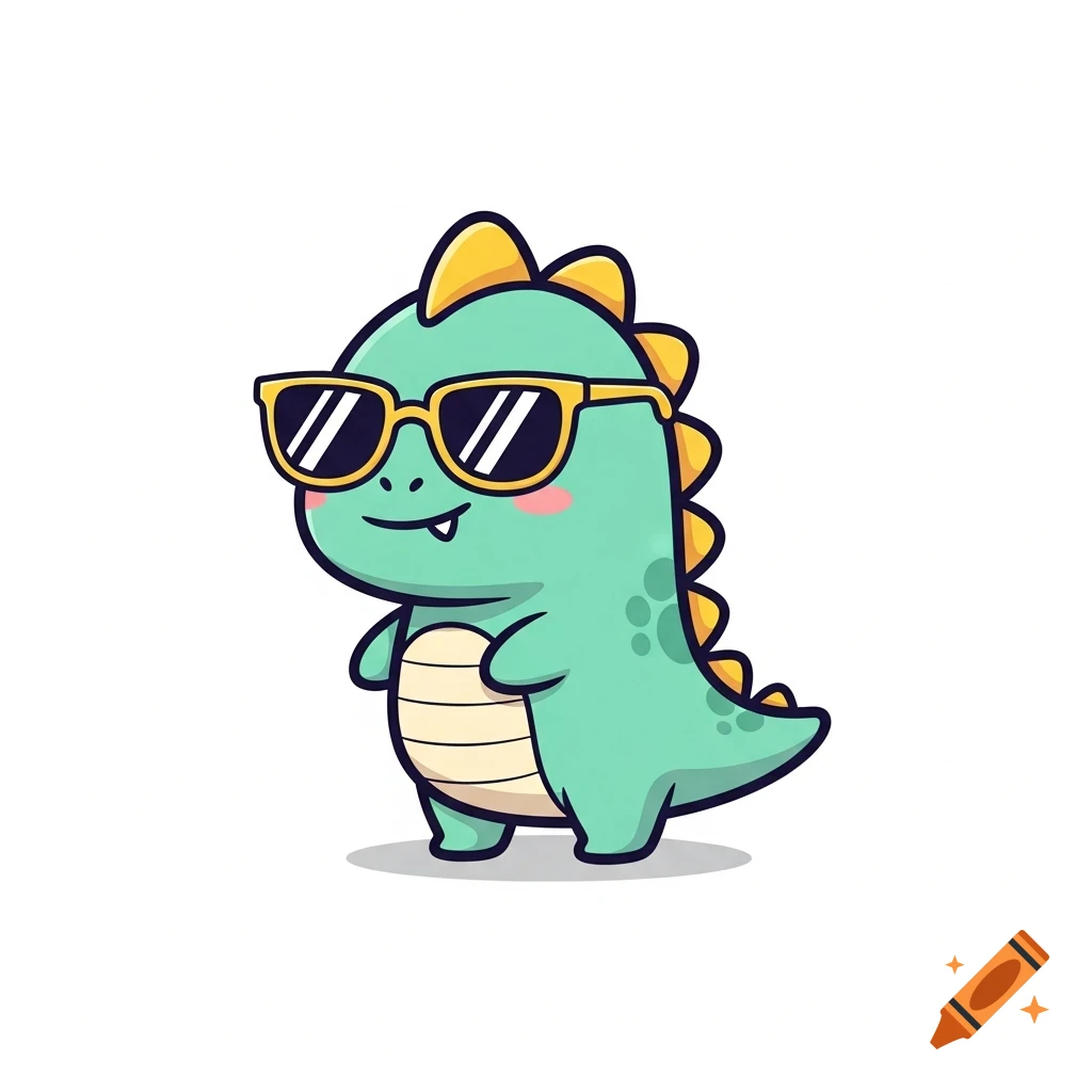 A cute green cartoon dinosaur with yellow spikes and belly, wearing cool black sunglasses, stands smiling.