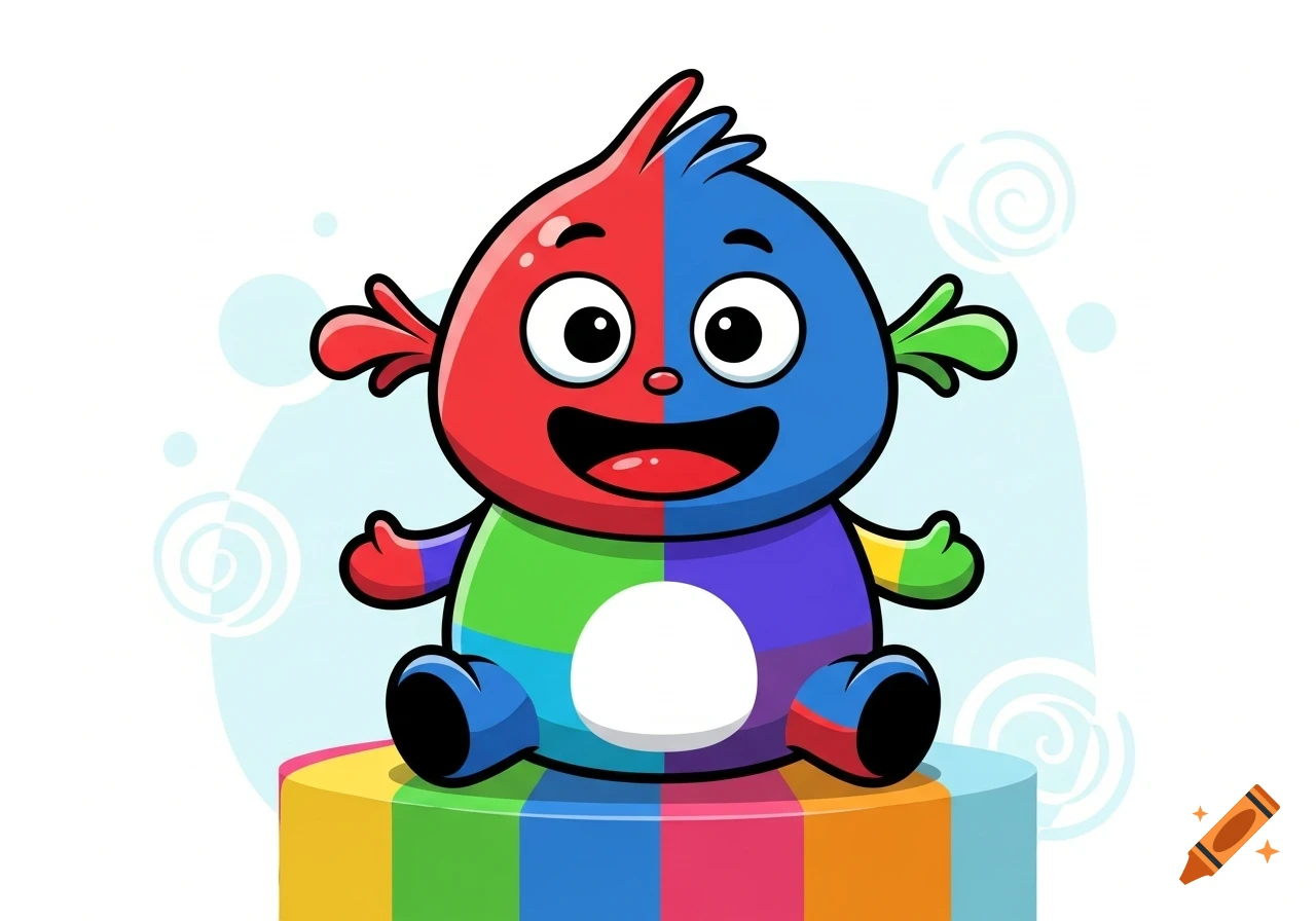 A cute, smiling, colorful cartoon character with a red and blue head and green and purple body, sitting on a rainbow pedestal.