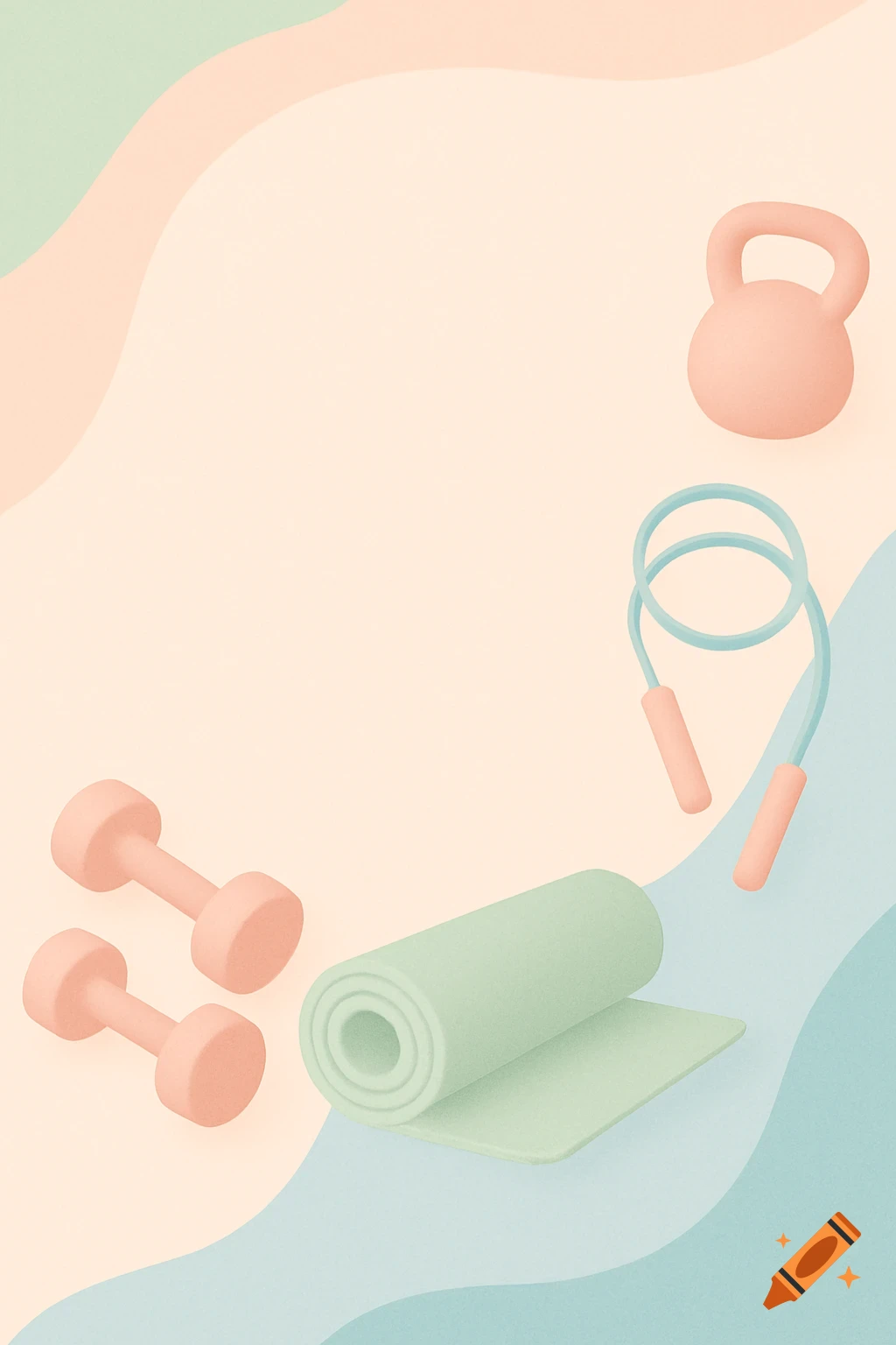 Fitness equipment including dumbbells, a yoga mat, kettlebell, and jump rope on an abstract background with soft pastel pink, green, and blue wavy shapes.