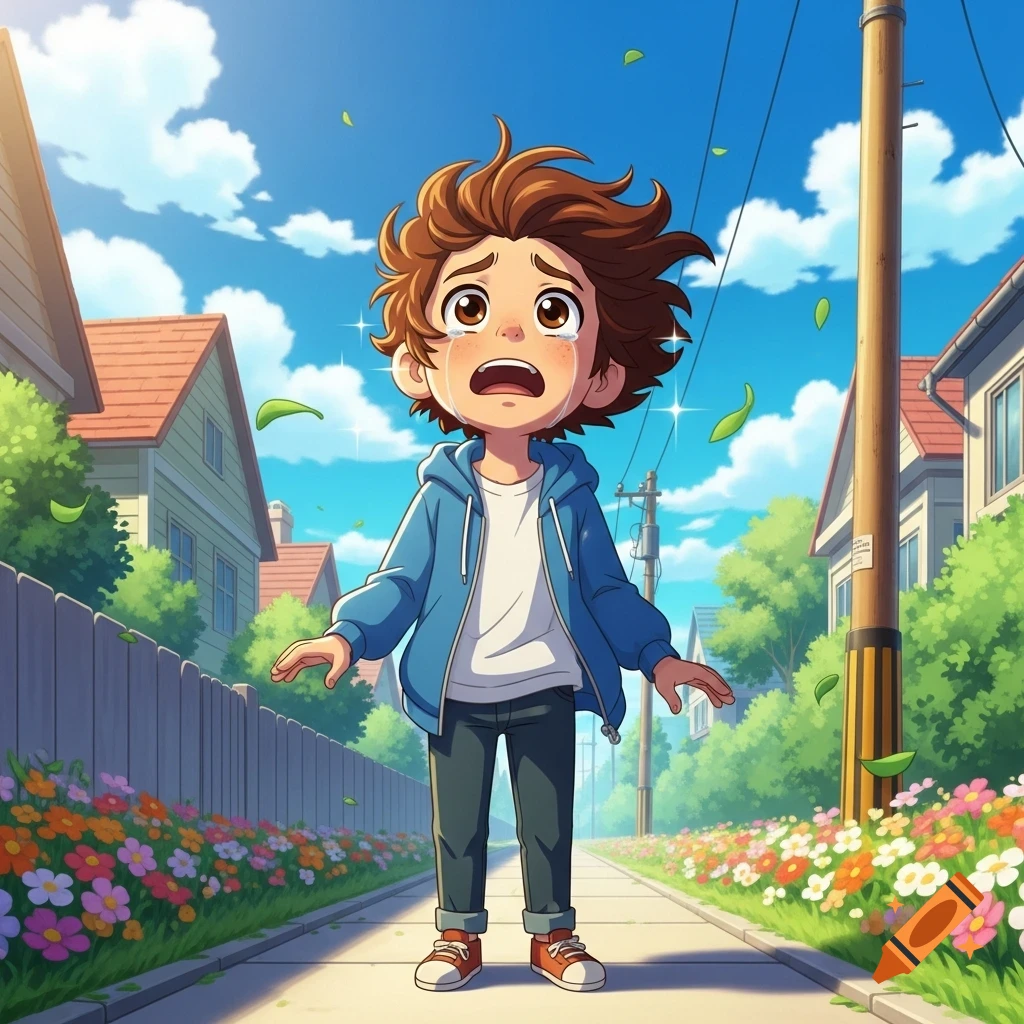An anime-style crying boy with brown hair, wearing a blue hoodie, stands on a sidewalk lined with colorful flowers and houses.