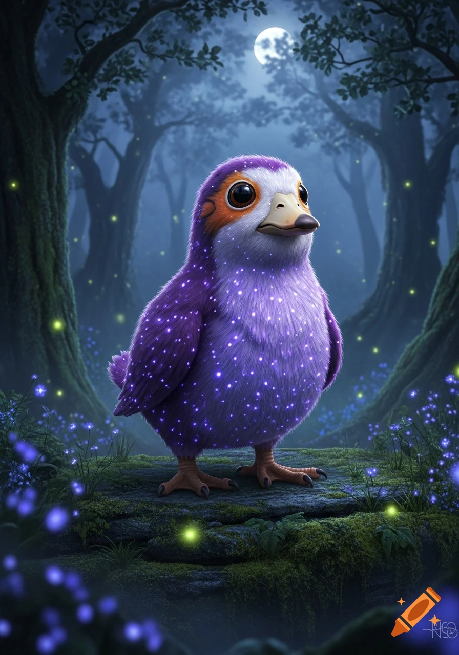 A cute, purple, fuzzy, porg-like creature with a duck bill and eagle feet stands in a magical moonlit forest with glowing flora.