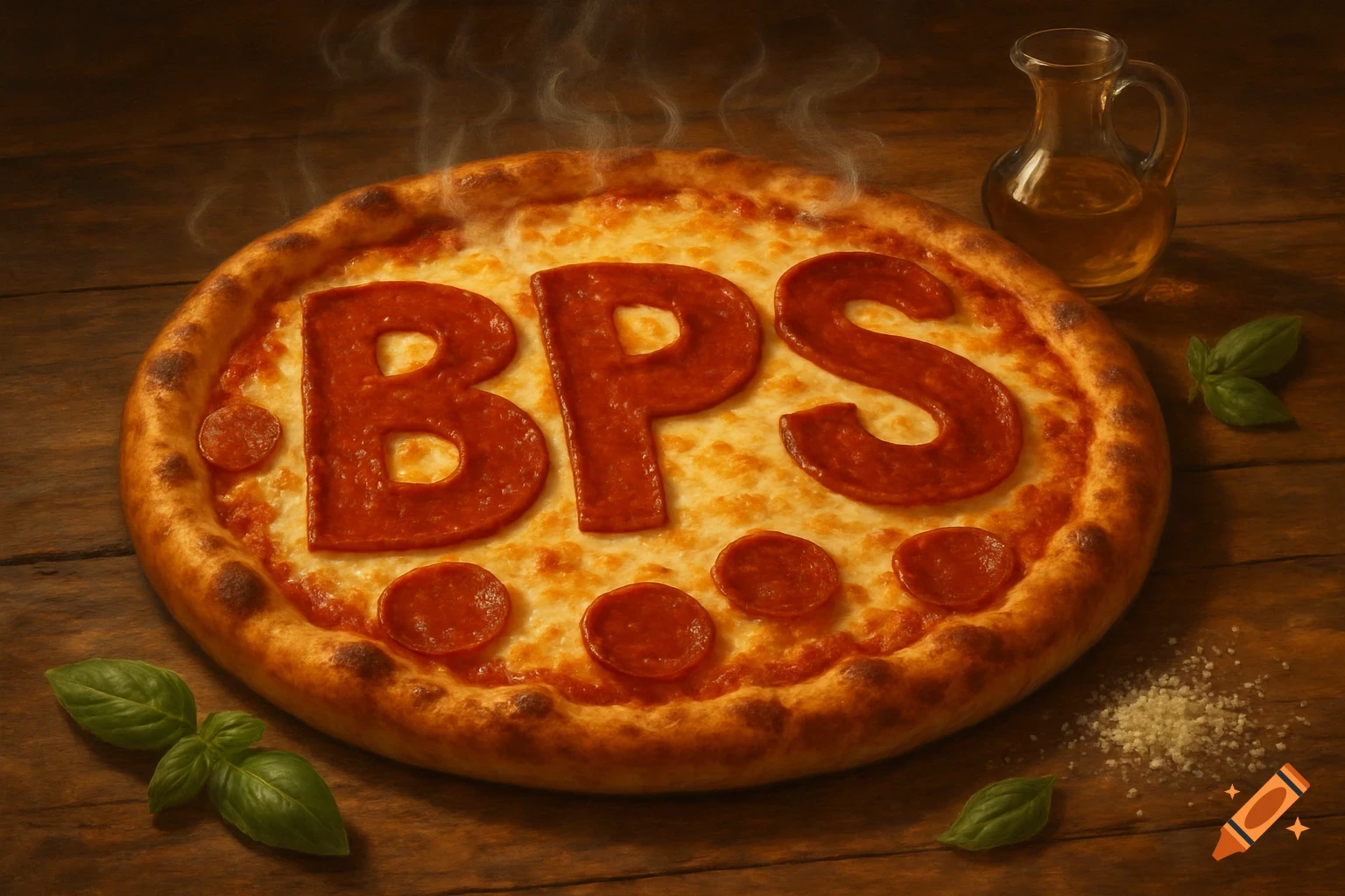 Photorealistic image of a steaming pepperoni pizza spelling 'BPS' on a wooden table with basil and olive oil.