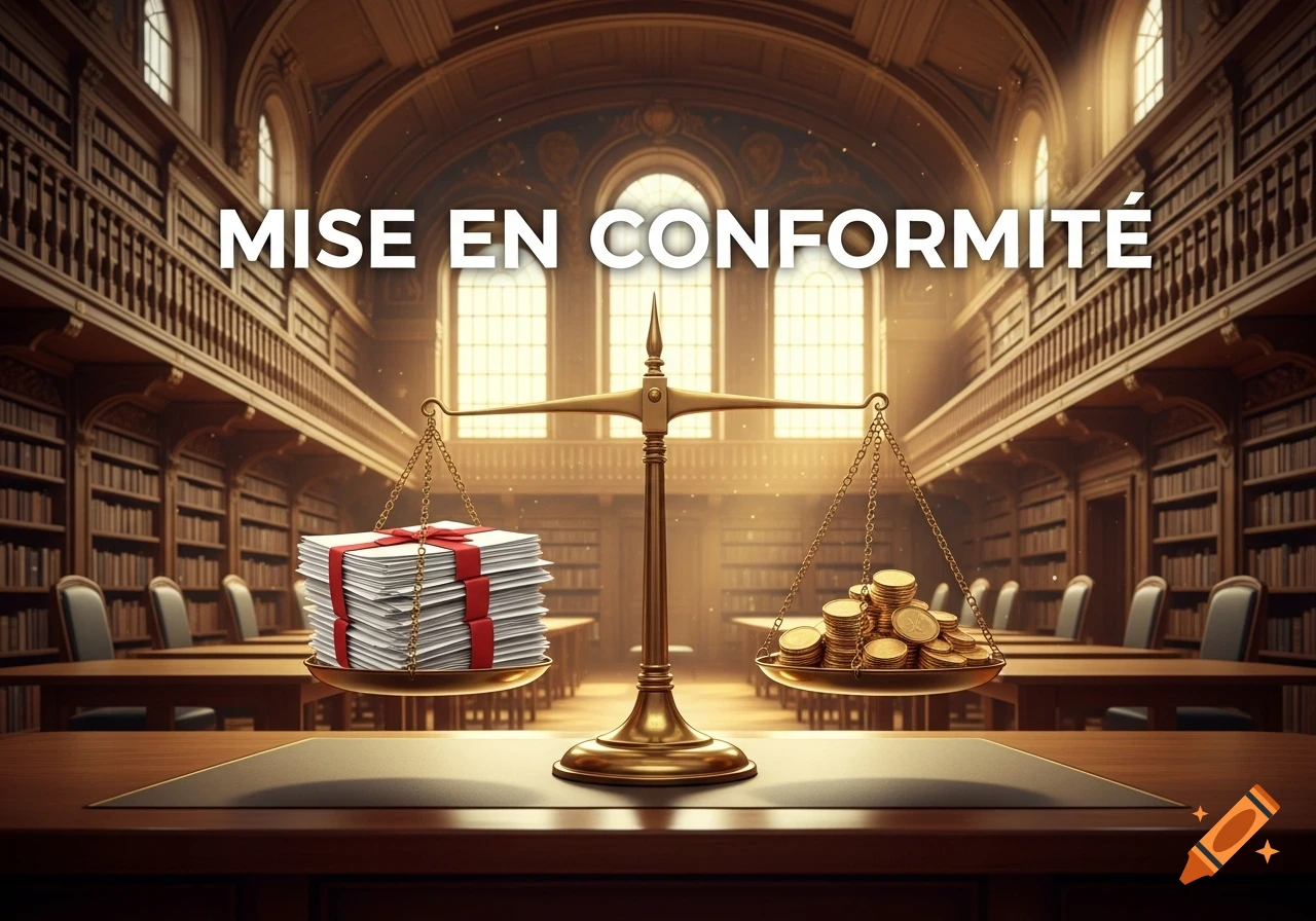 A balance scale with a stack of documents and gold coins, set against a grand library, with 'MISE EN CONFORMITÉ' text.