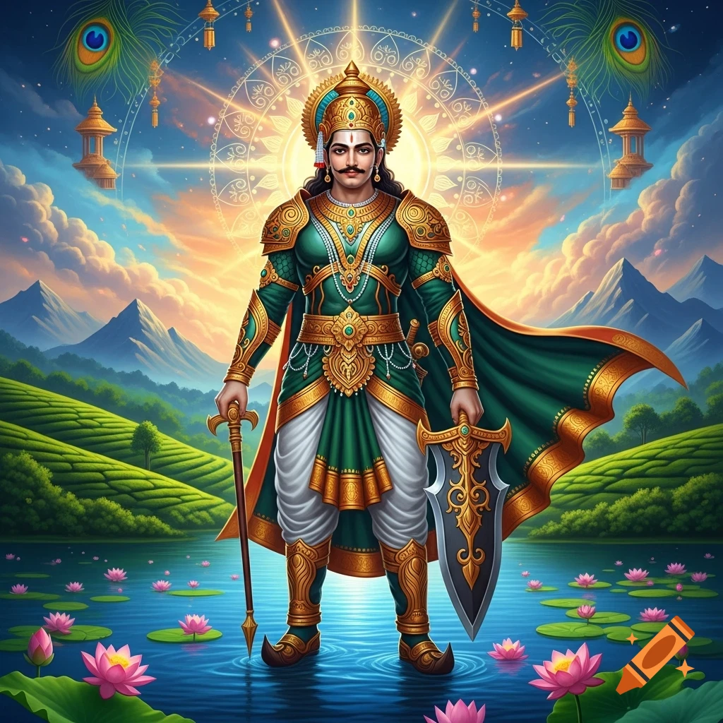 A divine Indian warrior god in ornate green and gold armor stands in a lotus-filled lake, backed by mountains and a glowing sun.