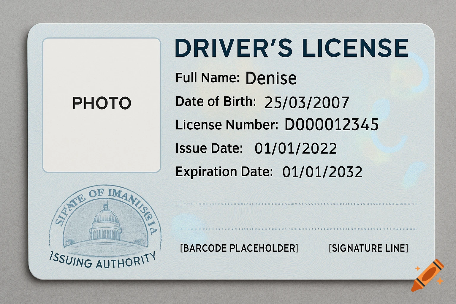 A realistic-looking driver's license with a photo placeholder, text fields for full name, date of birth, license number, issue date, and expiration date, set against a gray background.