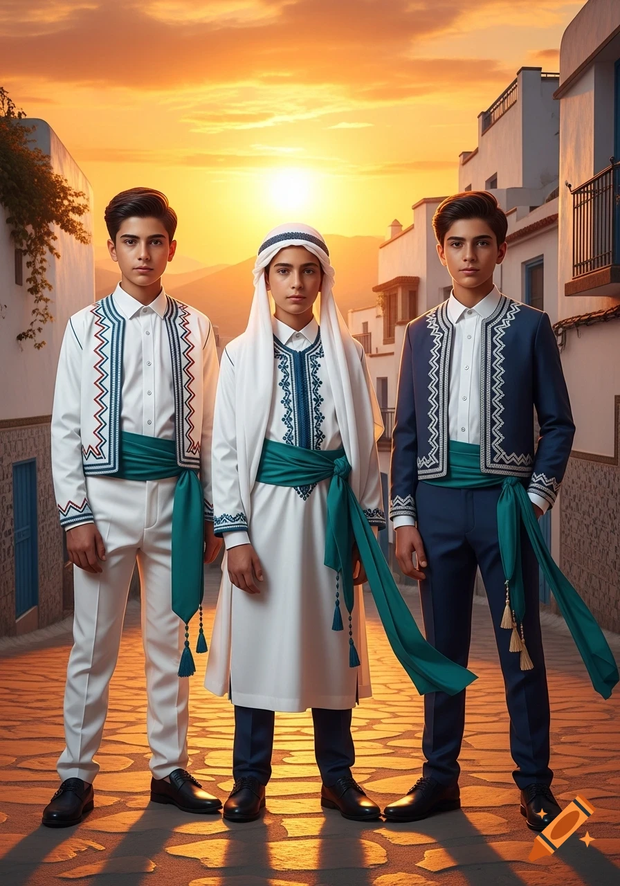 Three young boys in modern traditional Algerian-style outfits with teal sashes stand on a village street at sunset.
