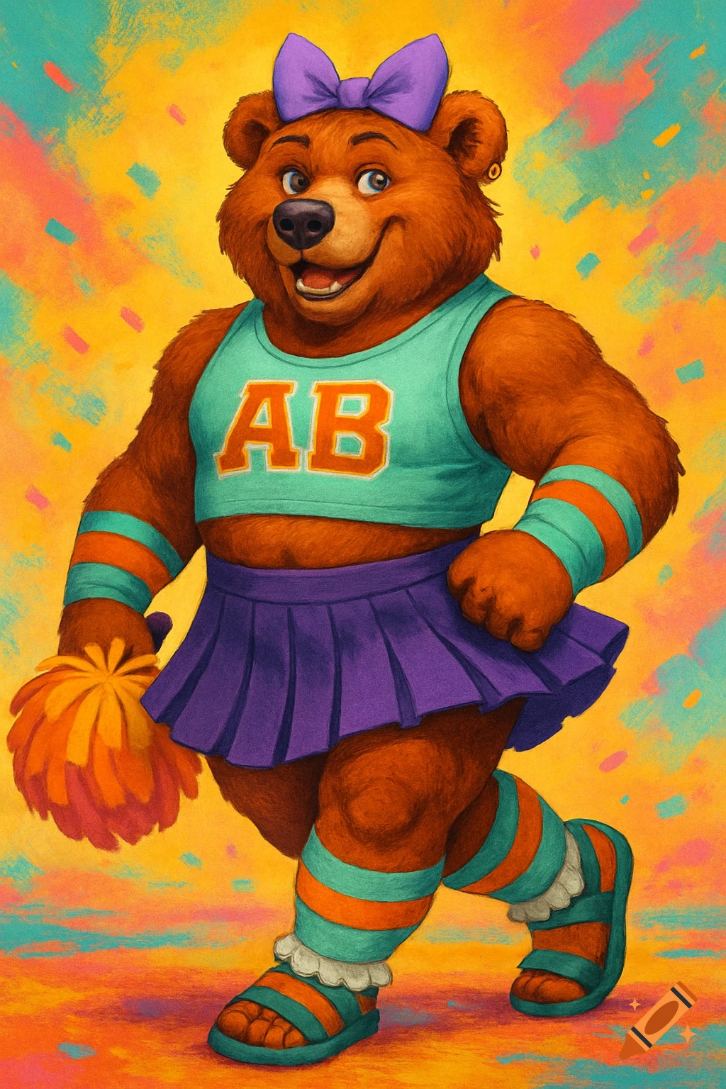 A muscular anthropomorphic brown bear cheerleader wearing a mint green 'AB' crop top, purple skirt, striped accessories, and teal sandals, holding a pom-pom.