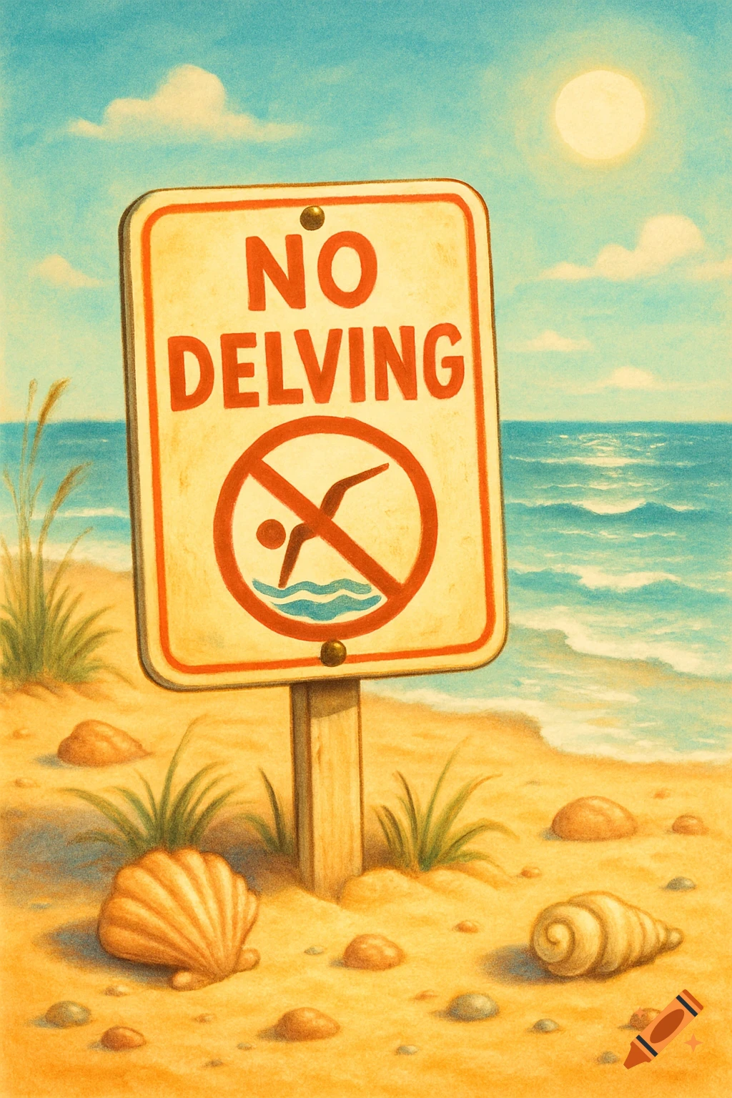 An illustration of a 'No Delving' sign on a sandy beach with the ocean and sun under a blue sky.