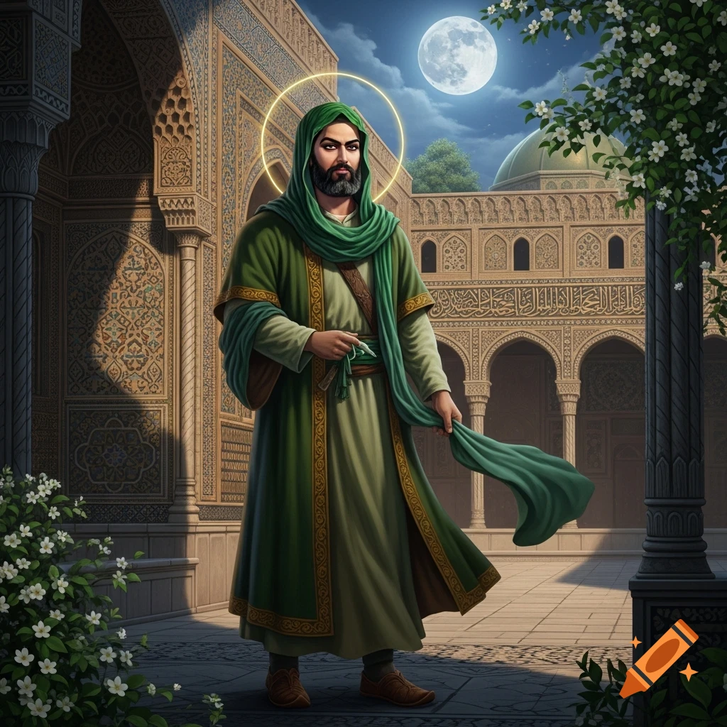 A man with a beard and green robes, wearing a halo, stands in an intricately decorated Middle Eastern courtyard at night under a full moon.
