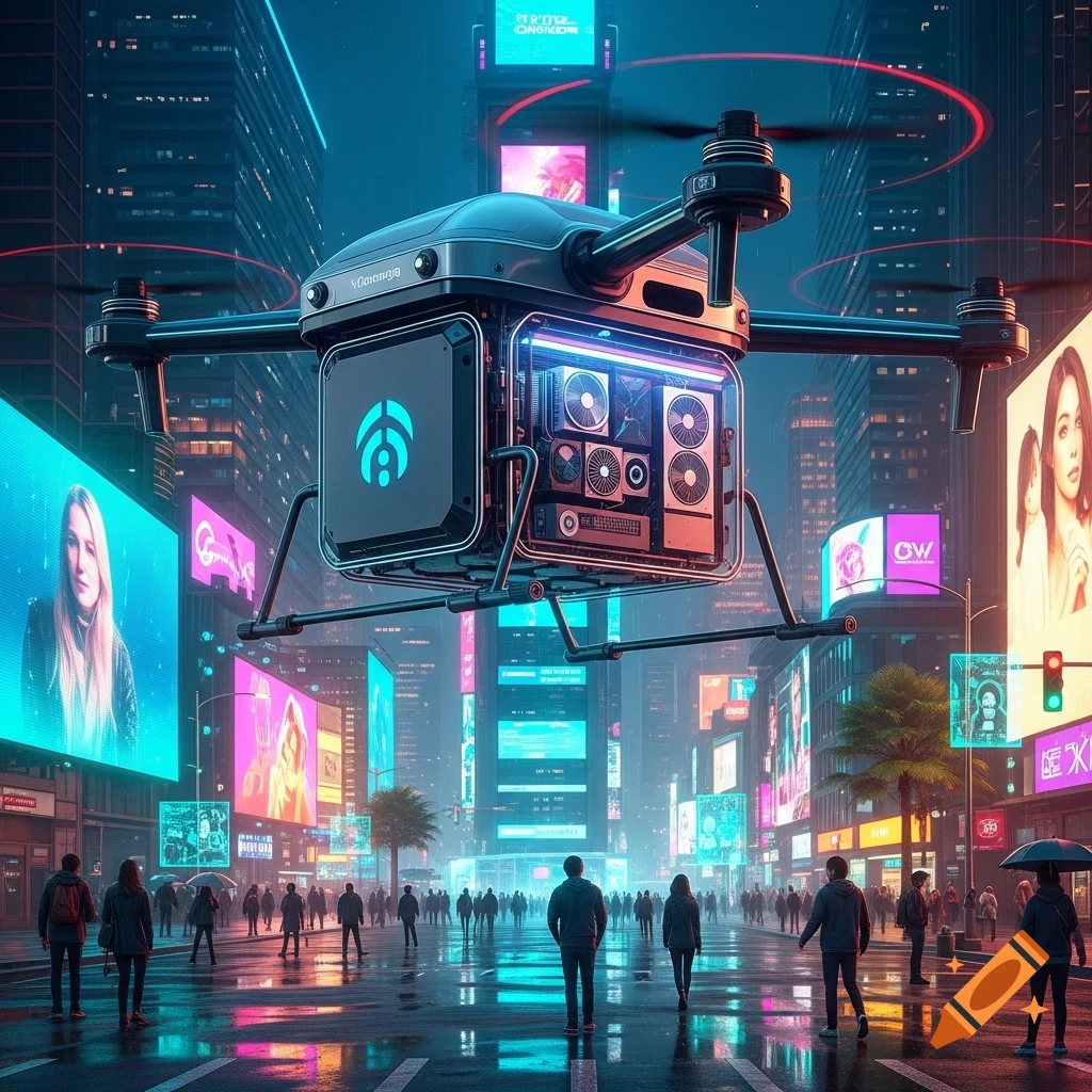 A large delivery drone hovers over a wet, neon-lit cyberpunk city street at night, with a crowd of people walking below and bright billboards on tall buildings.