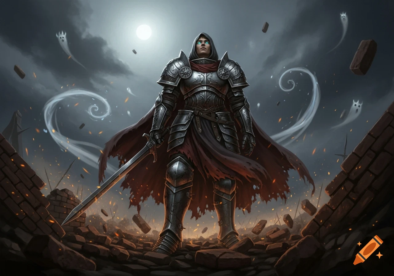 An armored knight with glowing eyes stands defiantly in a ruined ...