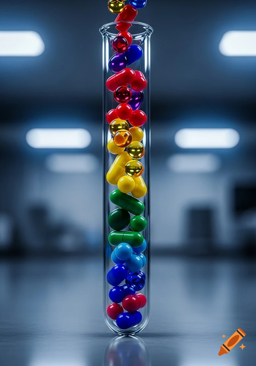 A clear test tube filled with a column of colorful pills and spheres, reflecting on a dark surface in a blurred lab setting.