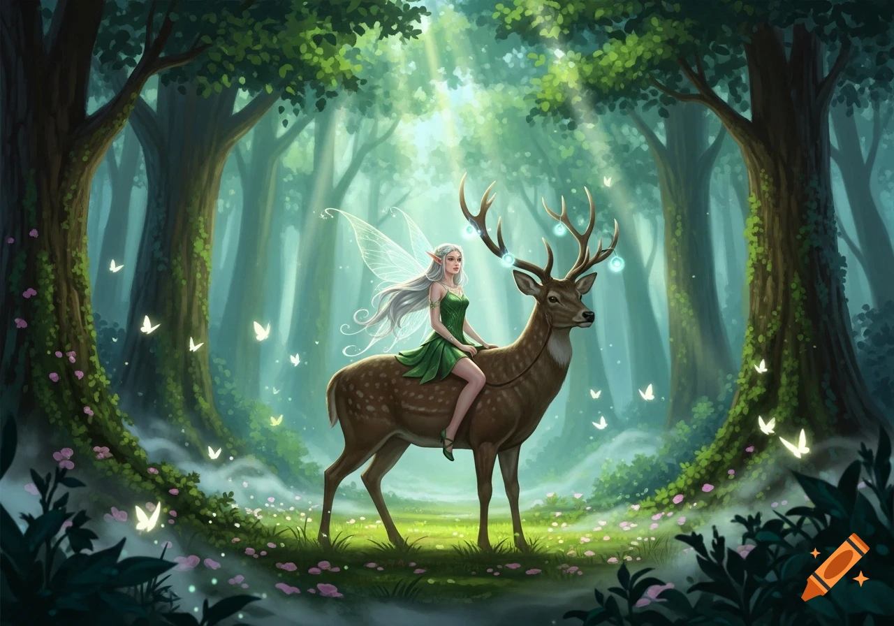 A mystical elf fairy with long hair and a green dress rides a deer through a magical forest with glowing butterflies and sun rays.