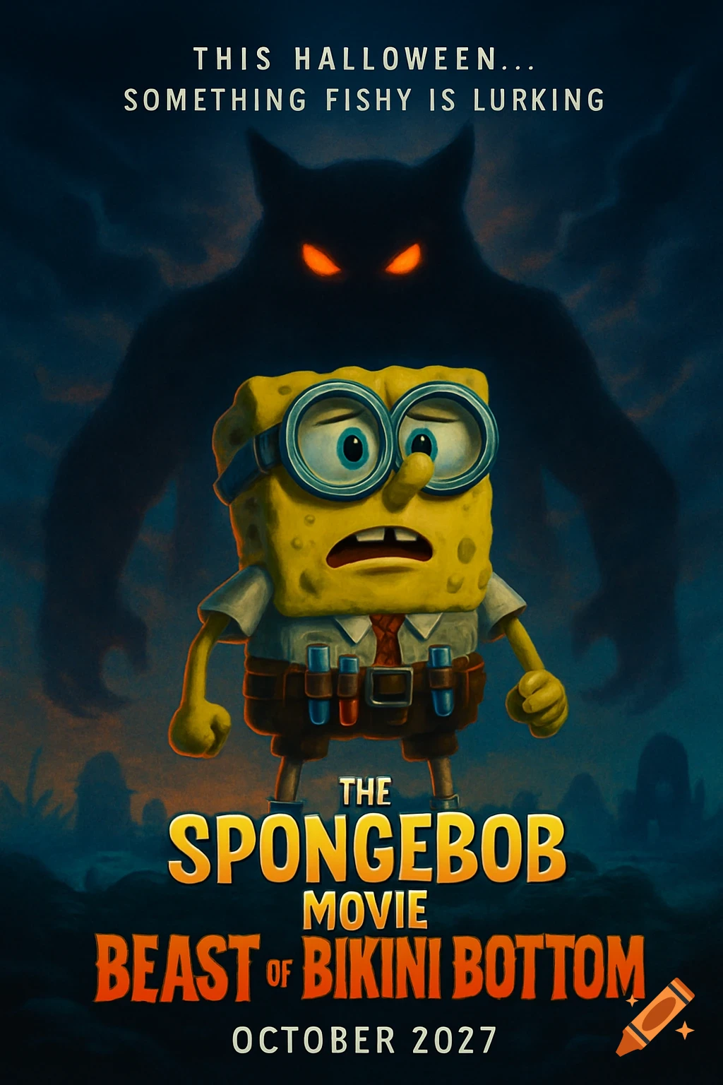 Movie poster for 'The SpongeBob Movie: Beast of Bikini Bottom' featuring a scared SpongeBob in goggles before a shadowy, red-eyed monster.