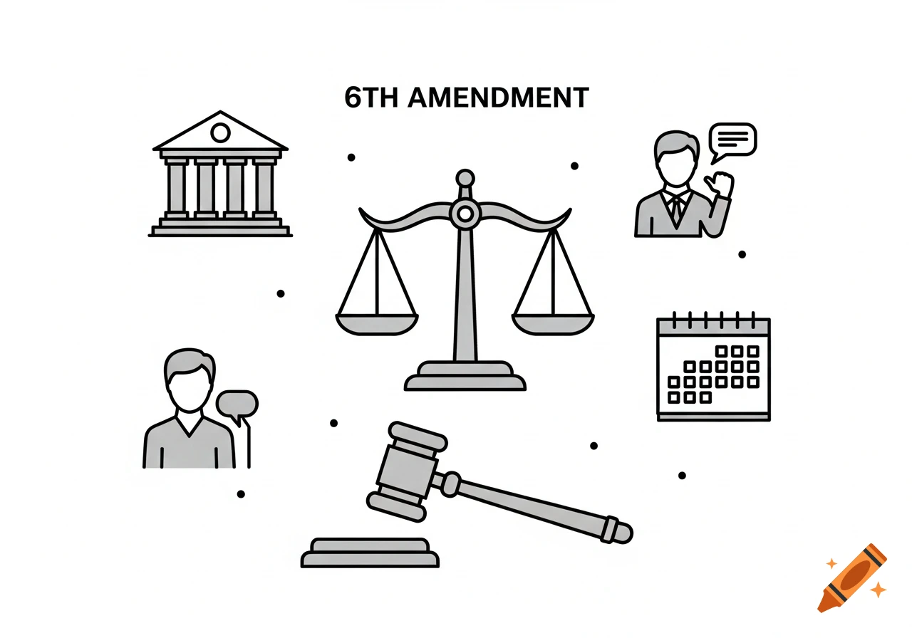 A clip art illustration with the text "6TH AMENDMENT" above icons of a courthouse, scales of justice, a gavel, and people.
