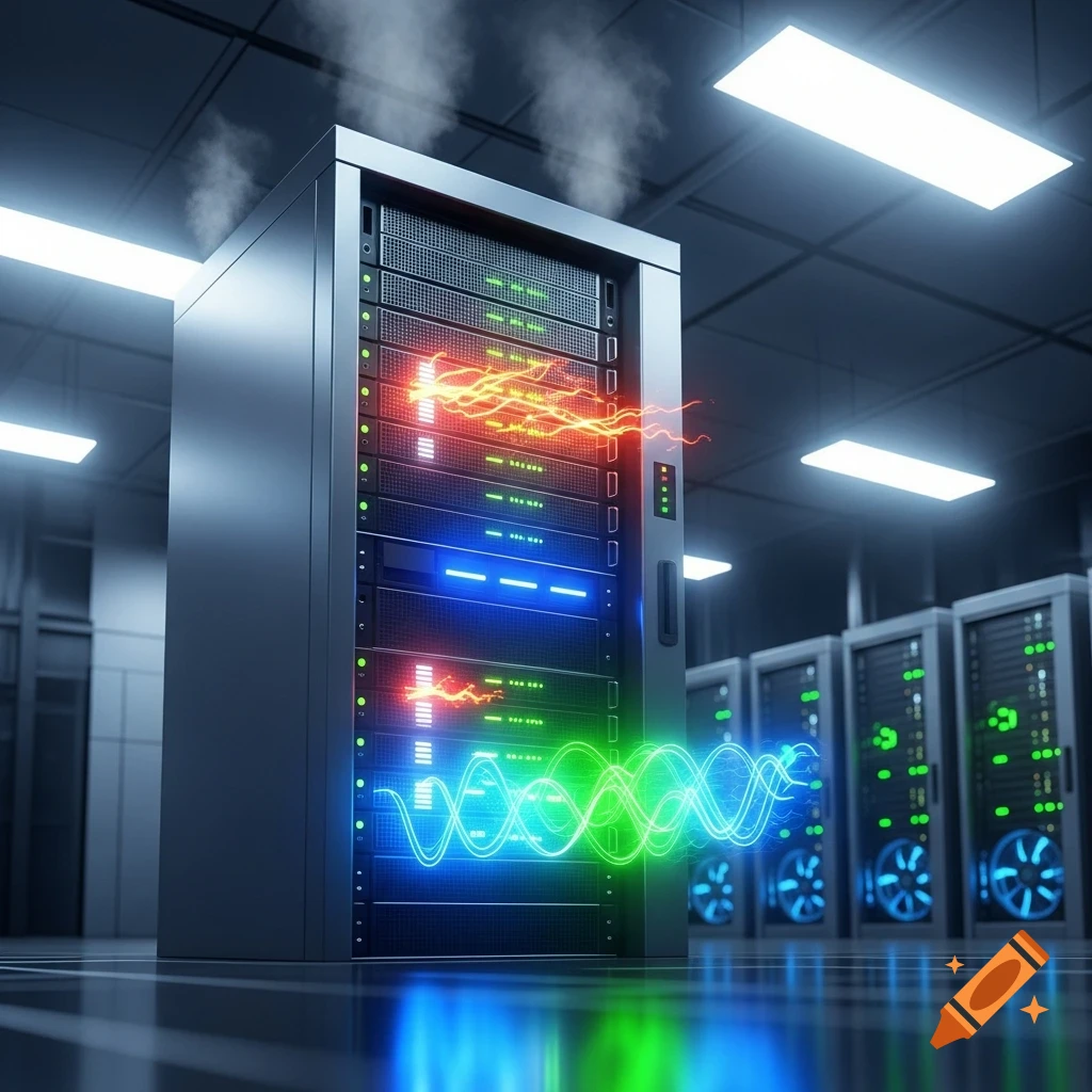 A glowing server rack emitting colorful energy waves and smoke in a data center, symbolizing heavy load.