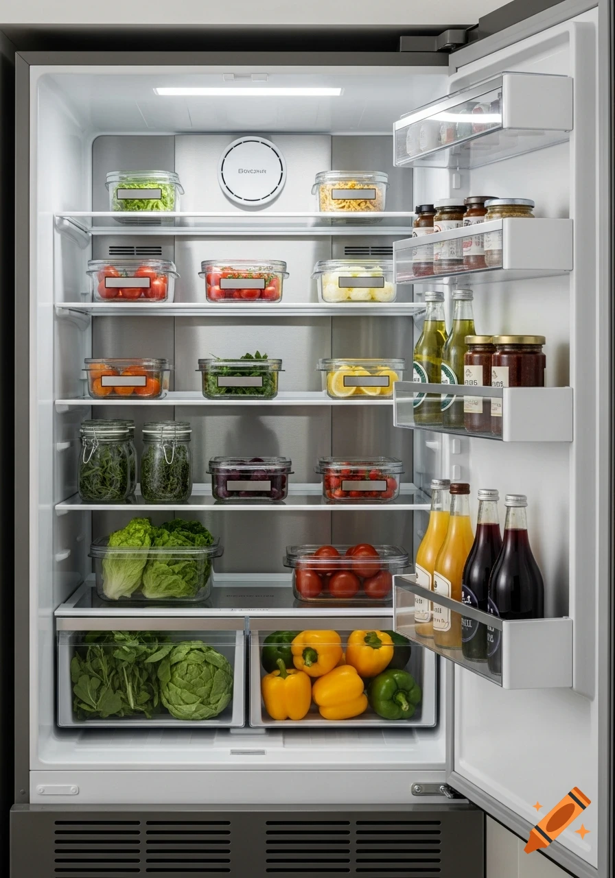A meticulously organized, brightly lit refrigerator filled with clear containers of fresh vegetables, fruits, and various bottled goods.