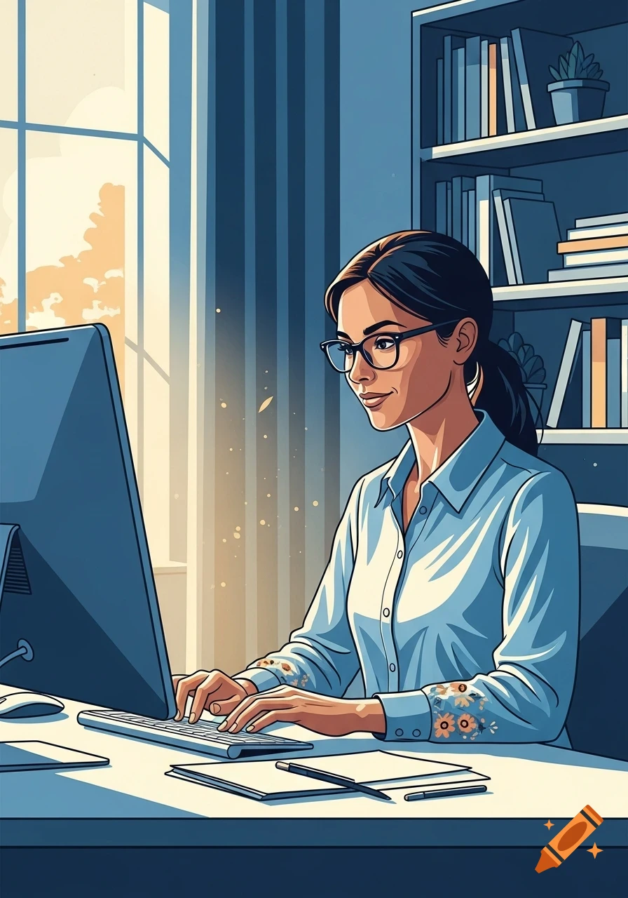 Illustrated woman with glasses working on a computer at a desk, with a window and bookshelf in the background.