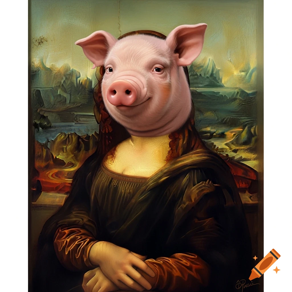 Painting of Mona Lisa's body with a realistic pink pig's head against a classic landscape.