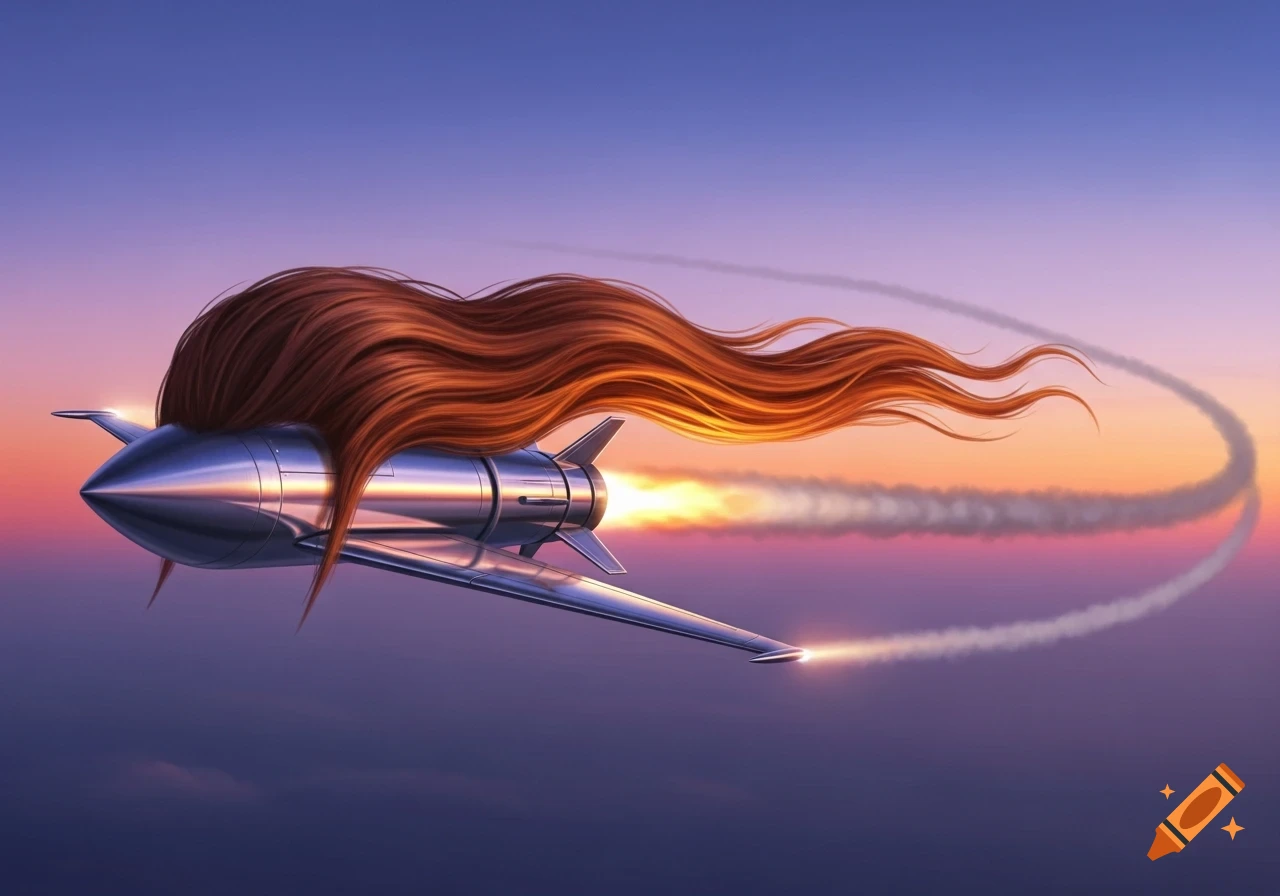 A stylized silver missile with long, flowing reddish-brown hair attached flies through a twilight sky.