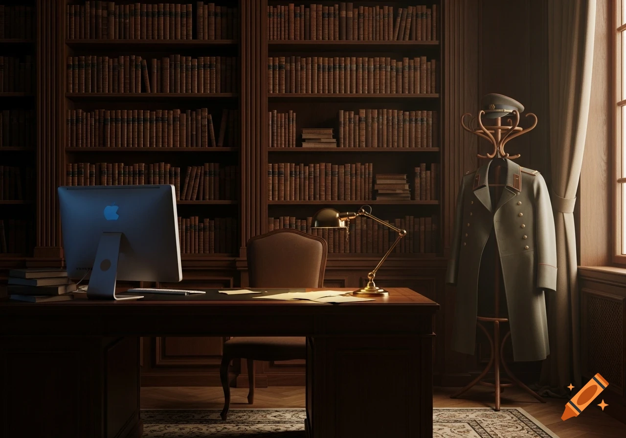 A dark, elegant study room with a large wooden desk, a glowing computer monitor, a desk lamp, and tall bookshelves filled with books. A military coat and cap hang on a coat rack.