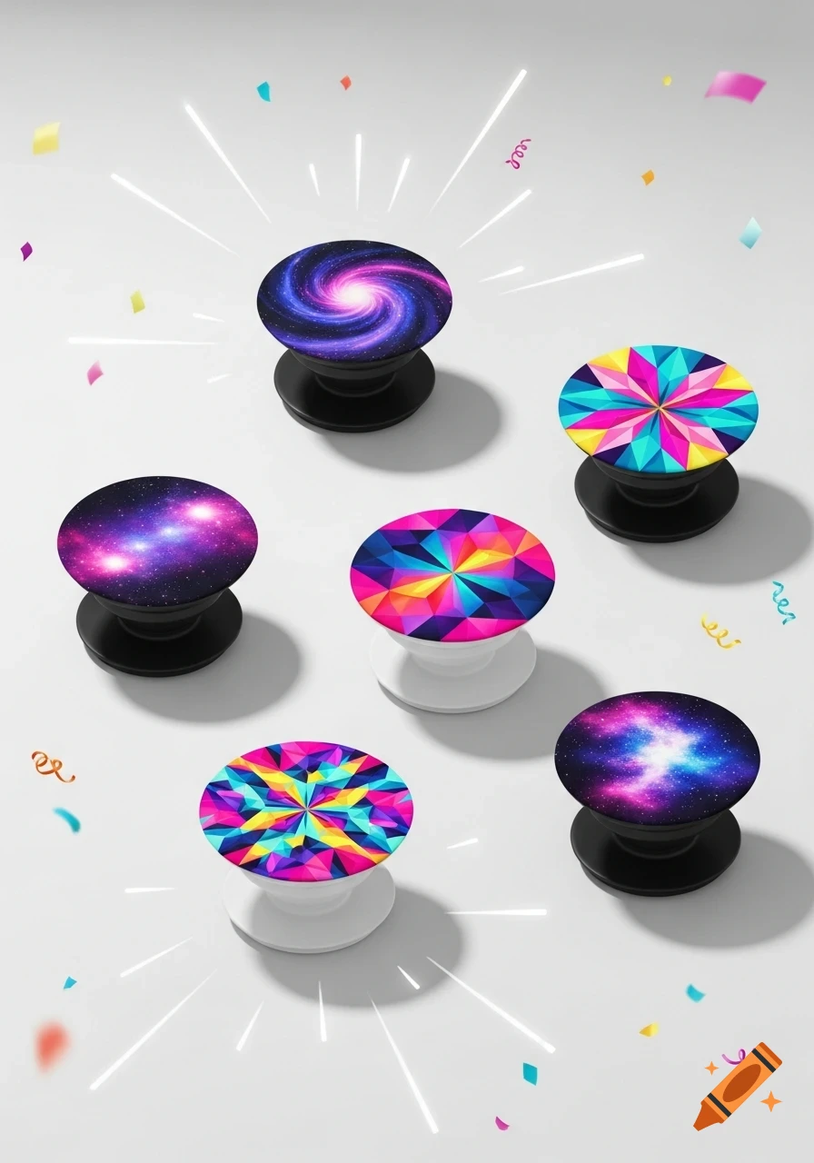 Six PopSockets featuring galaxy and geometric patterns, surrounded by colorful confetti and light streaks on a white background.