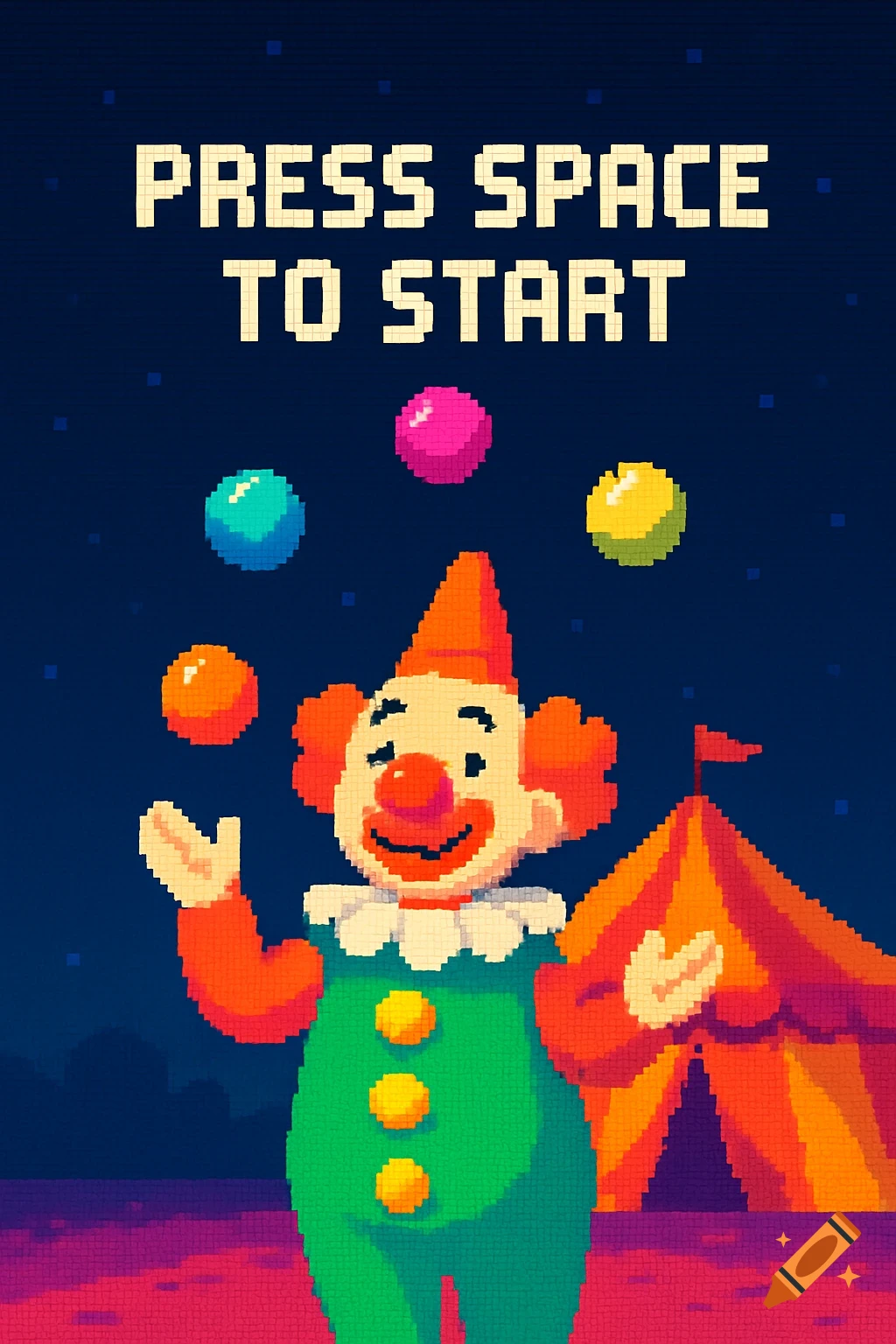 Pixel art of a smiling clown juggling colorful balls, a circus tent, and 'PRESS SPACE TO START' text.