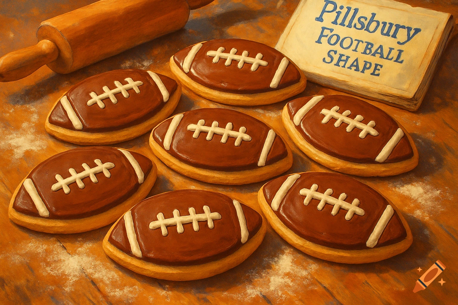 A still life painting of several brown football-shaped cookies with white icing laces, a wooden rolling pin, and a book titled "Pillsbury Football SHAPE" on a wooden surface dusted with flour.