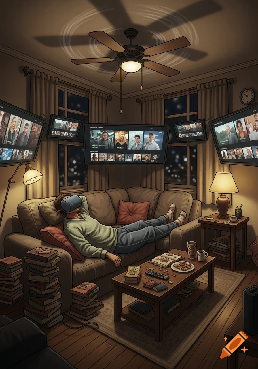 Stylized illustration of a person in a VR headset relaxing on a couch surrounded by multiple TV screens in a cozy living room.