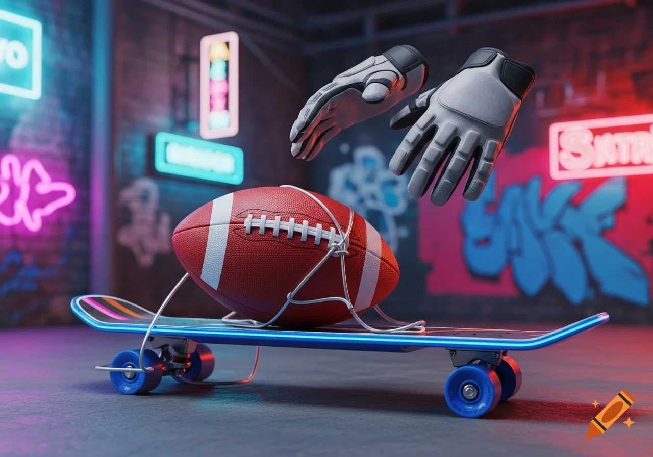 A football tied to a blue skateboard with floating grey sports gloves above, in a neon-lit urban alley with graffiti.