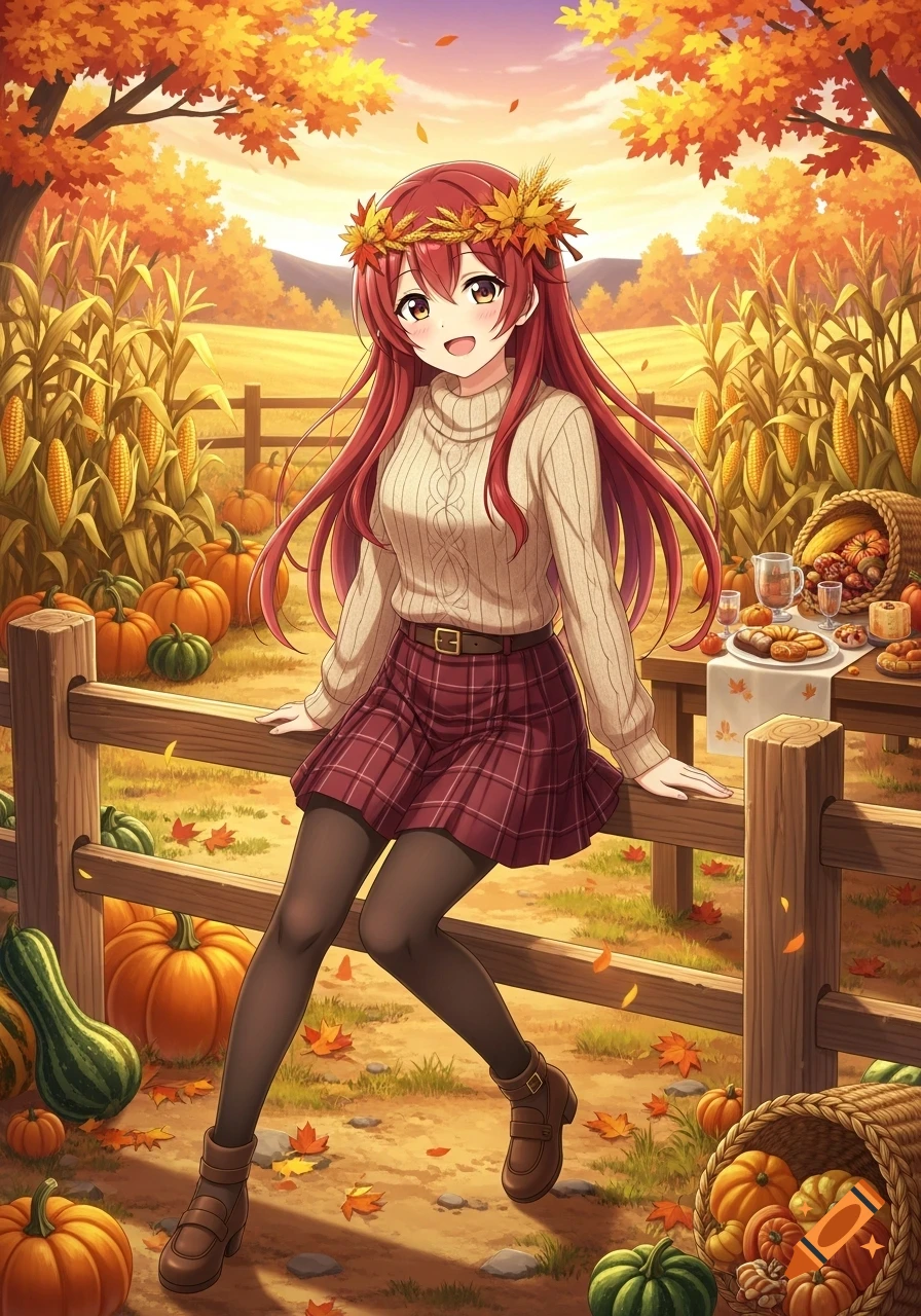 Smiling anime girl in a sweater and plaid skirt sits on a wooden fence in an autumn field filled with pumpkins, gourds, and corn.