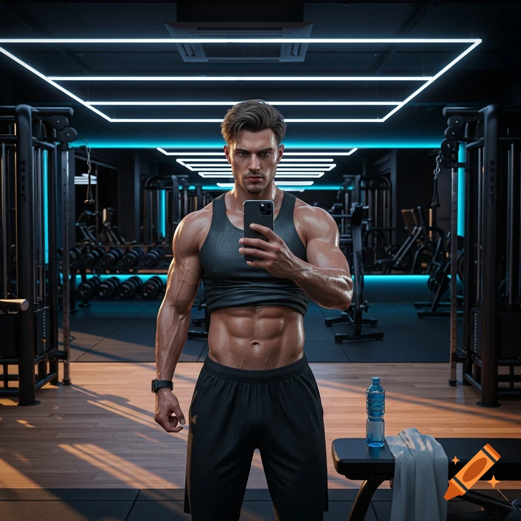 A muscular man takes a sweaty selfie in a modern gym with blue neon lights, showing his abs.