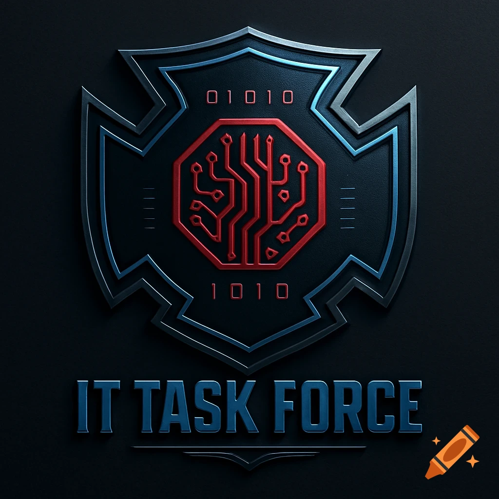 An "IT Task Force" emblem with a red circuit board design inside an octagonal shield, surrounded by black and blue metallic layers, with binary code and the words "IT TASK FORCE" below.