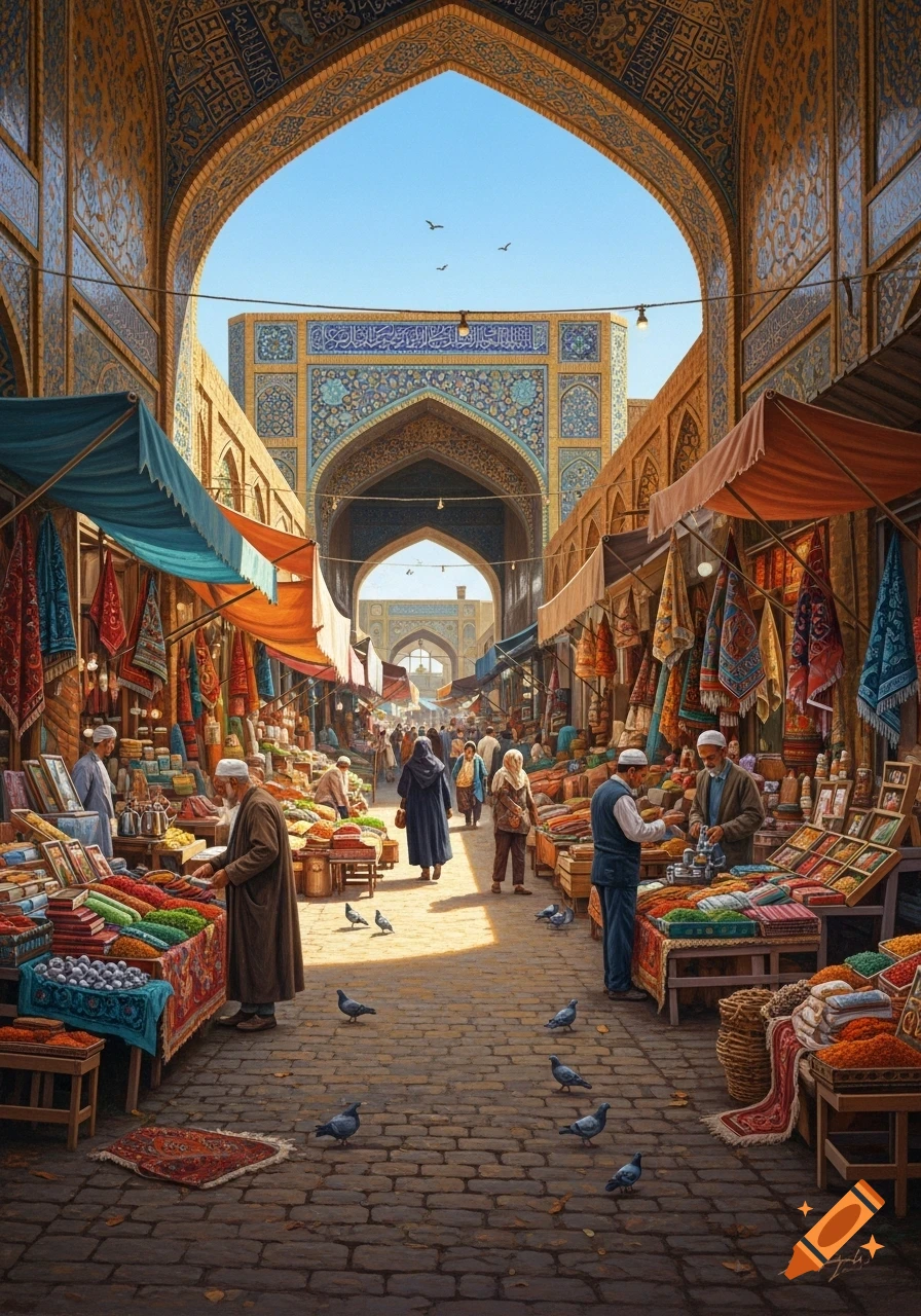 A bustling Persian market street under grand arched gateways with intricate tile work, people selling goods, and pigeons on the cobblestones.