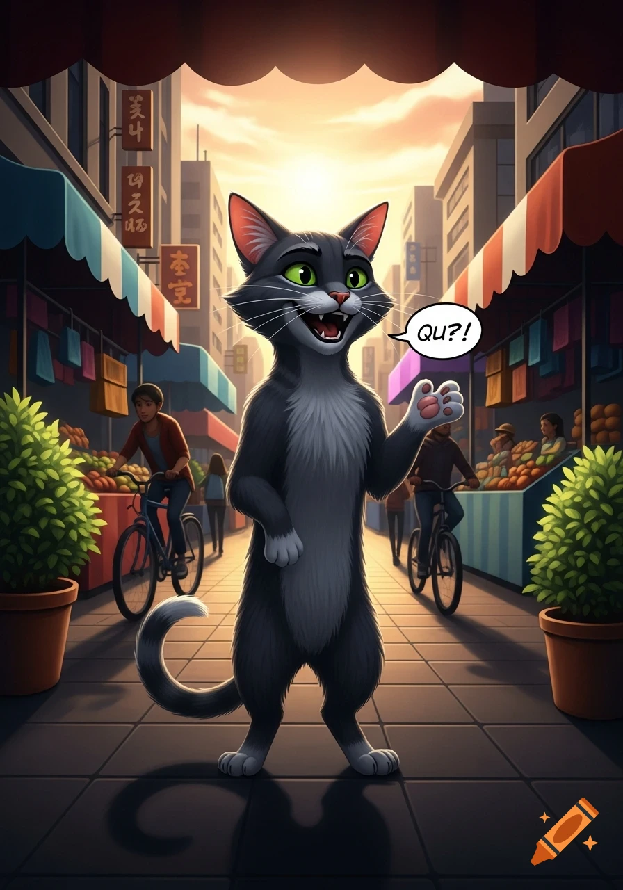 A cartoon gray cat with green eyes stands upright in a busy Asian market, raising a paw and speaking "QU?!" in a speech bubble.