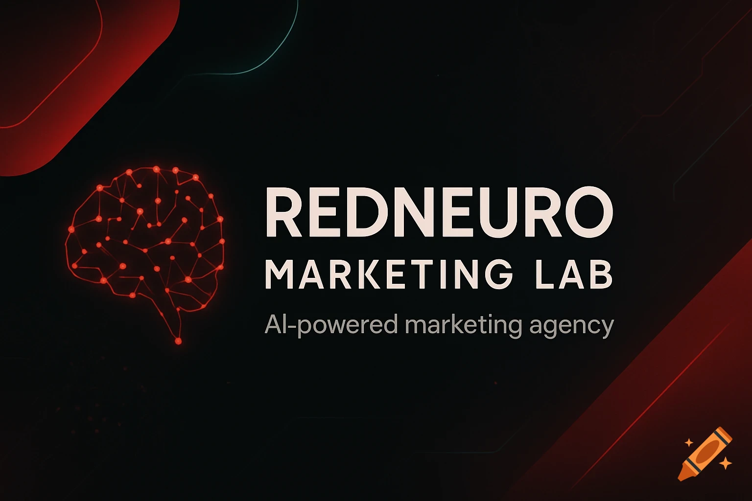 Dark red and black marketing banner with a glowing red brain network, text 'RedNeuro Marketing Lab, AI-powered marketing agency'.