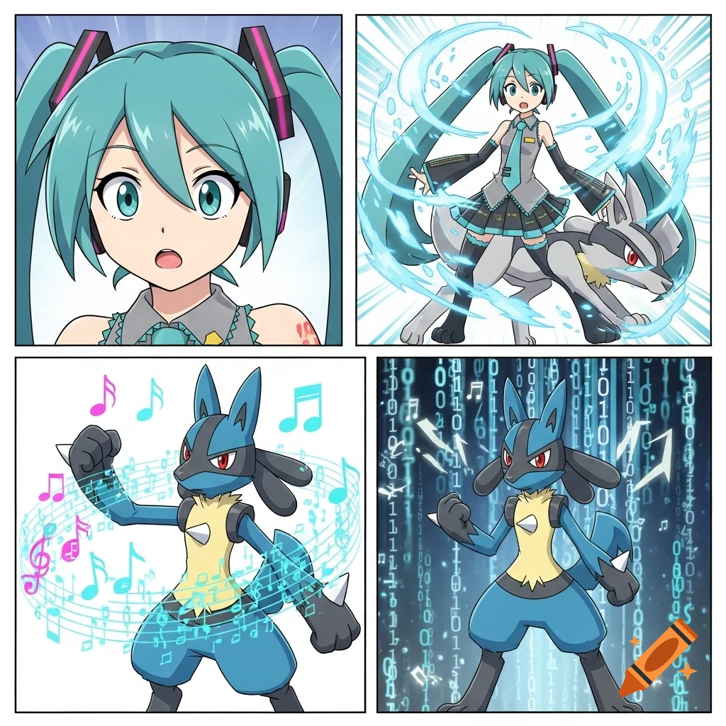 A four-panel anime comic shows Hatsune Miku transforming into Lucario. The top left panel is a close-up of Miku's face. The top right shows Miku and a gray Lucario with blue energy. The bottom left shows Lucario with musical notes. The bottom right shows Lucario against a background of binary code.