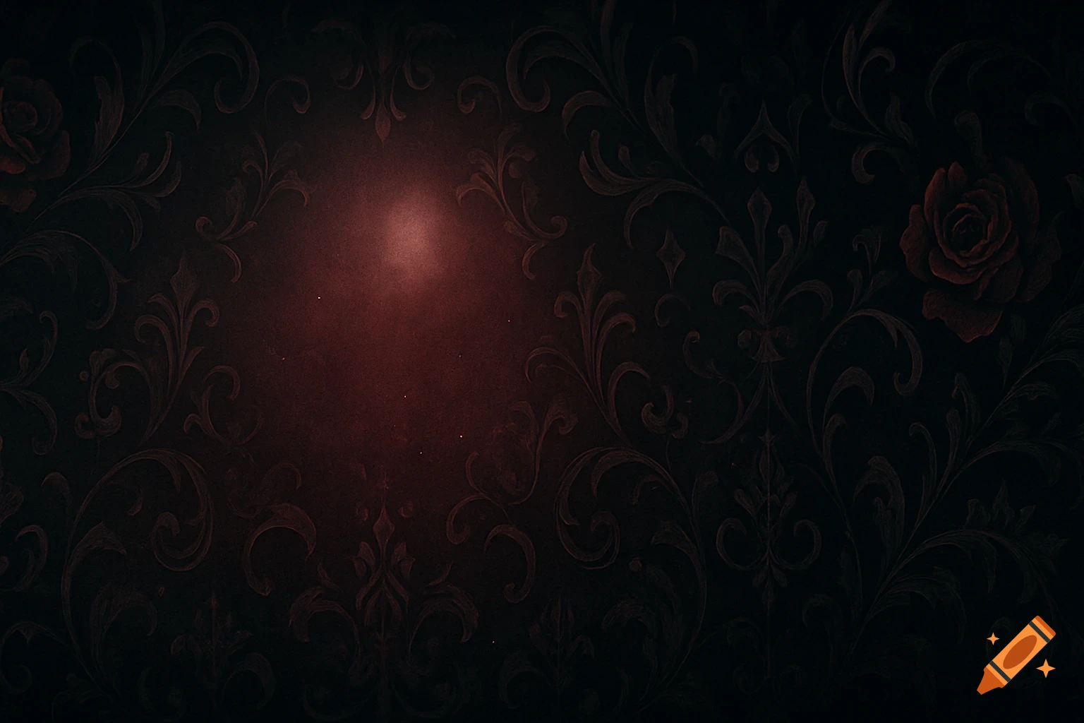 A dark, moody background with subtle gothic floral patterns, a red rose, and a central crimson glow, featuring atmospheric fog and deep charcoal tones.