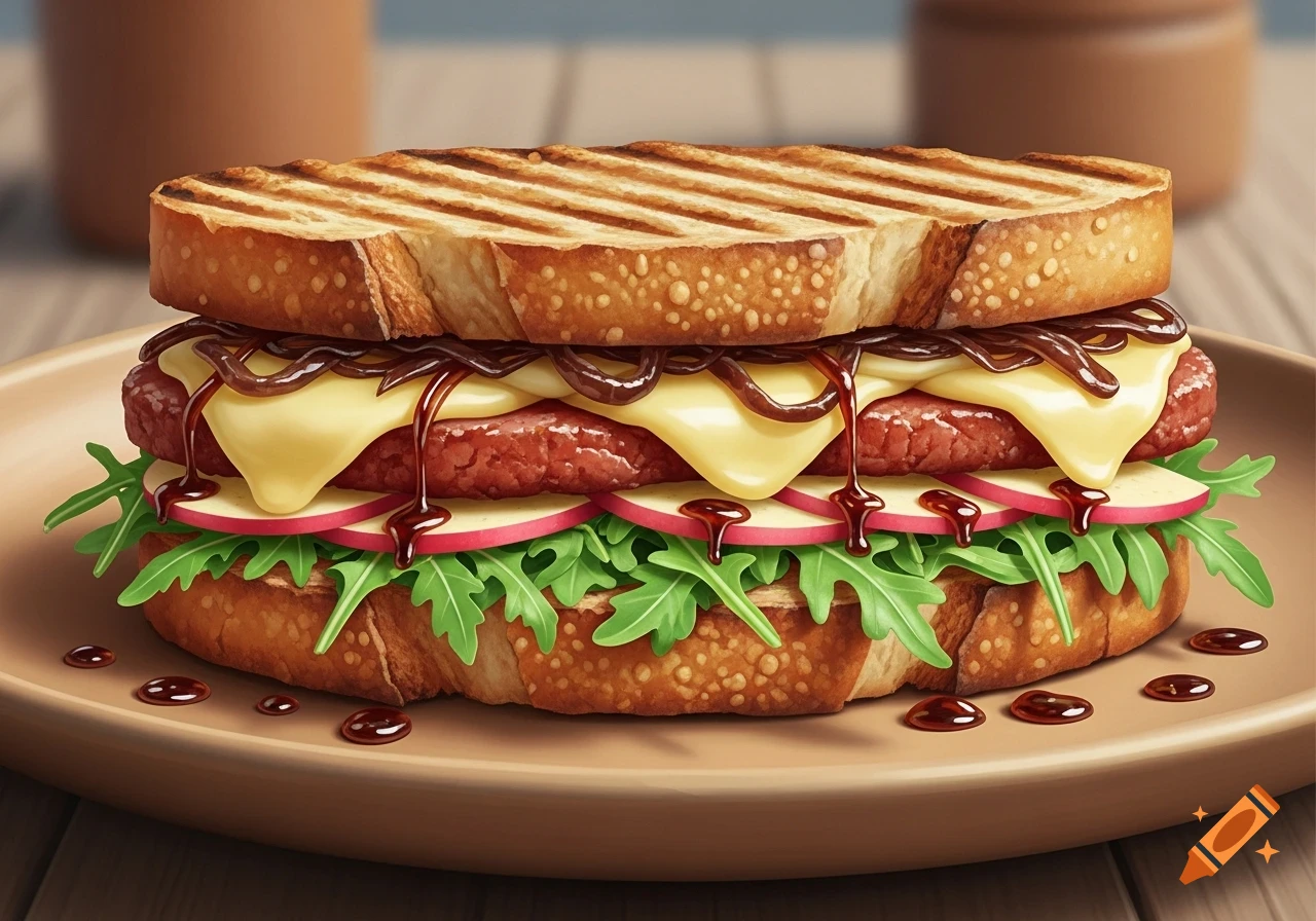 A grilled panini on toasted sourdough with melted gouda, caramelized onions, arugula, apple slices, and smoky glaze on a wooden plate.