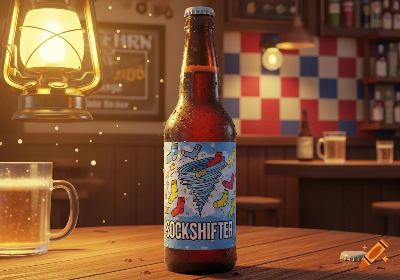 A dew-covered beer bottle with a 'SOCKSHIFTER' label and a beer mug sit on a wooden bar table, illuminated by a lantern.