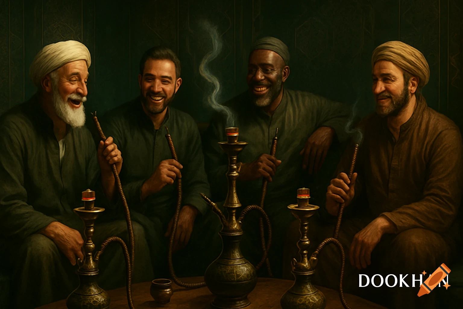 Four men in a Middle Eastern lounge, smiling and smoking hookahs, with geometric patterns and soft ambient lighting.