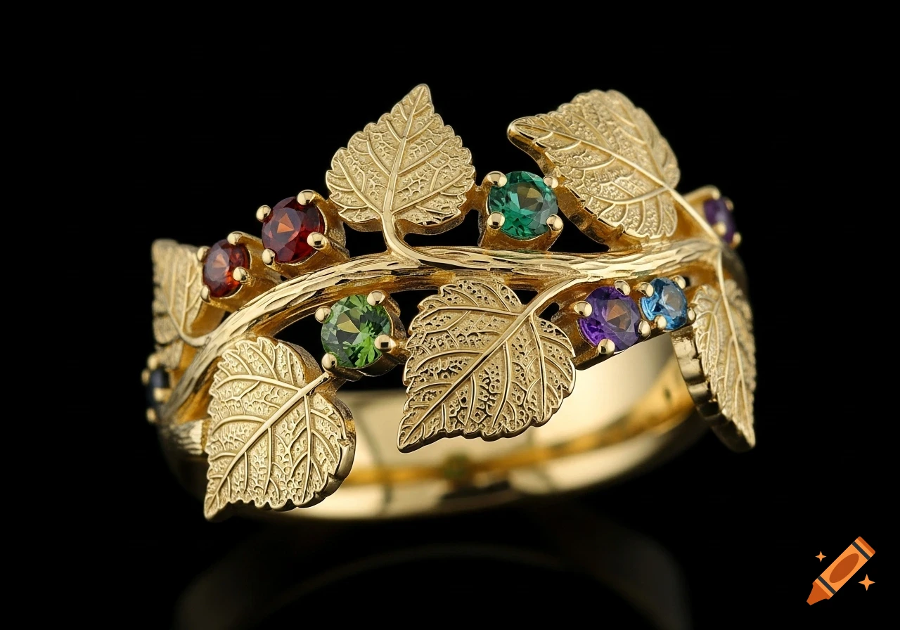 18k yellow gold ring with hand-engraved quaking aspen leaves and scattered red, green, purple, and blue gemstones on a black background. Photorealistic.