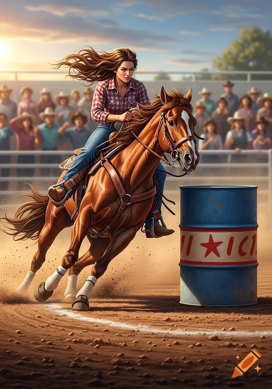 A cowgirl with long brown hair intensely rides a horse around a blue barrel in a dirt arena, with spectators in the background.