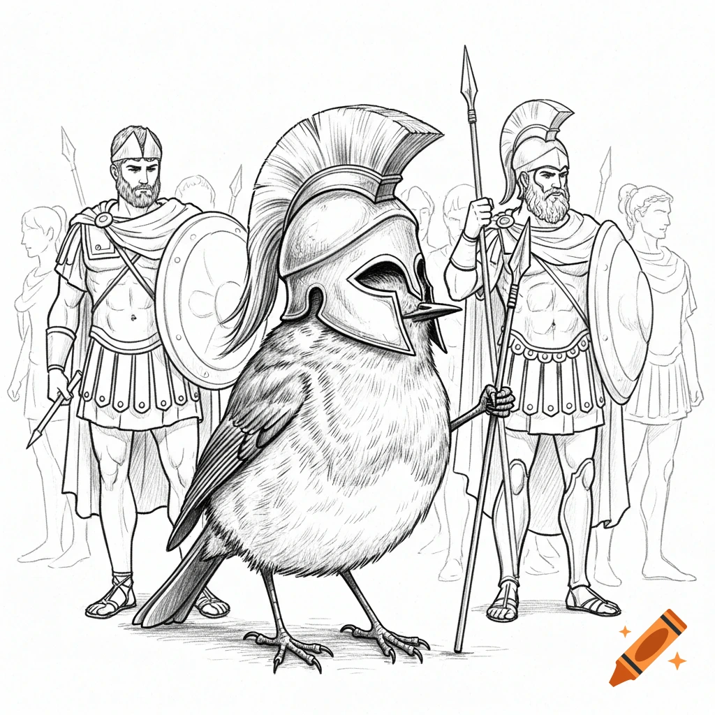 Pencil and ink sketch of a robin in an Ancient Greek helmet with a spear, standing among Greek warriors.