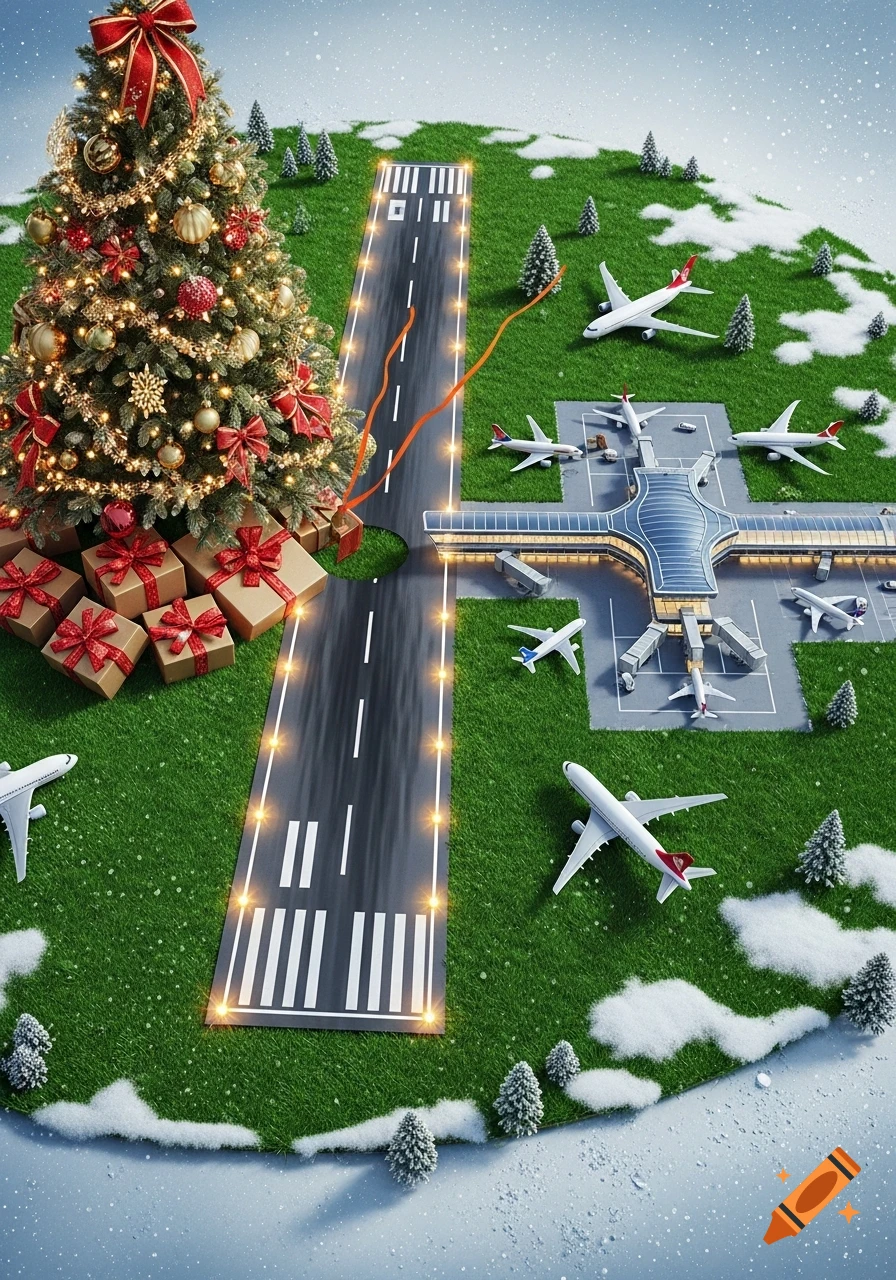 A miniature airport diorama featuring a runway, terminal, and airplanes on a grassy hill, with a large decorated Christmas tree and gifts.