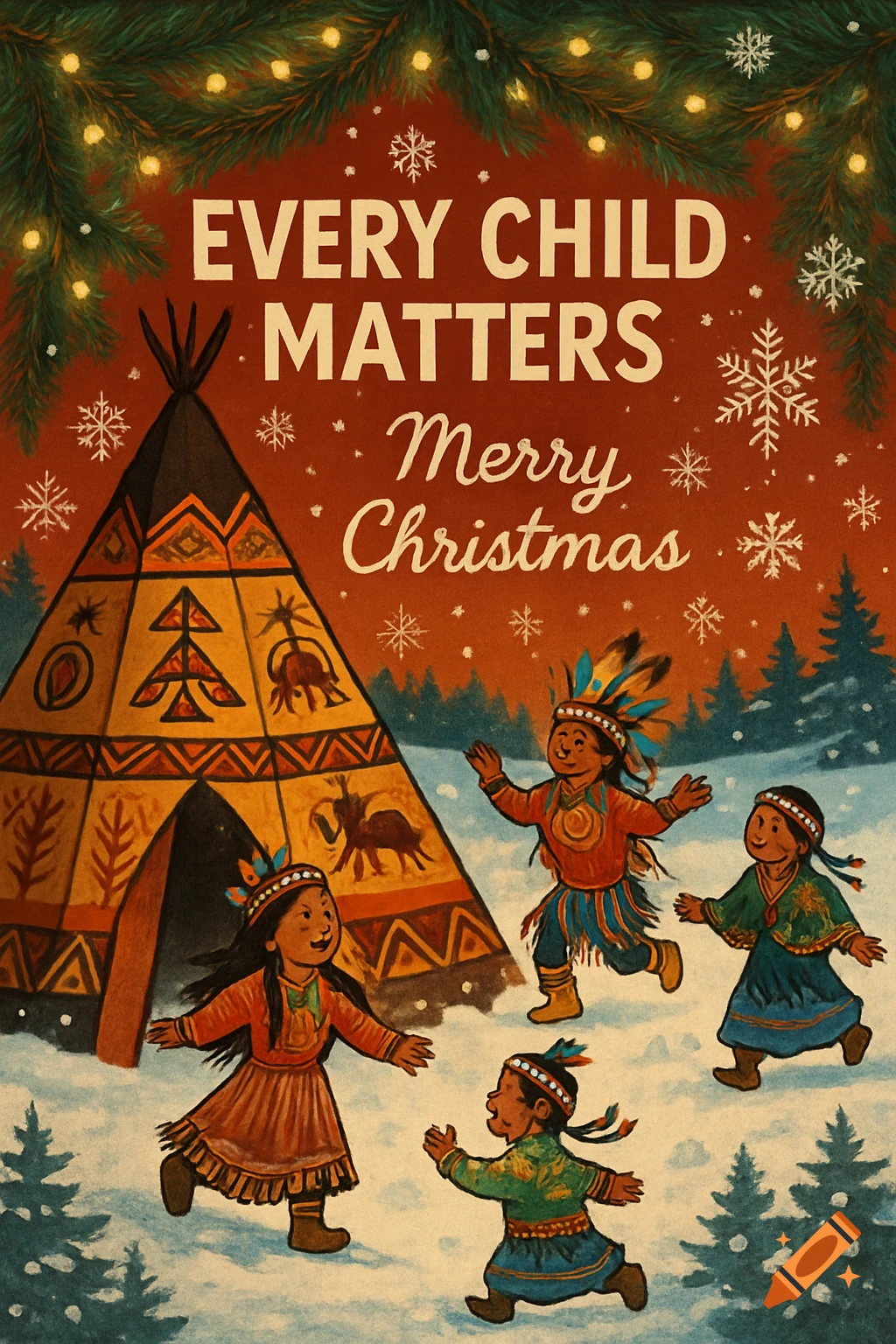 Illustrated Christmas card with Indigenous children playing in snow by a teepee. Text: 'EVERY CHILD MATTERS Merry Christmas'.