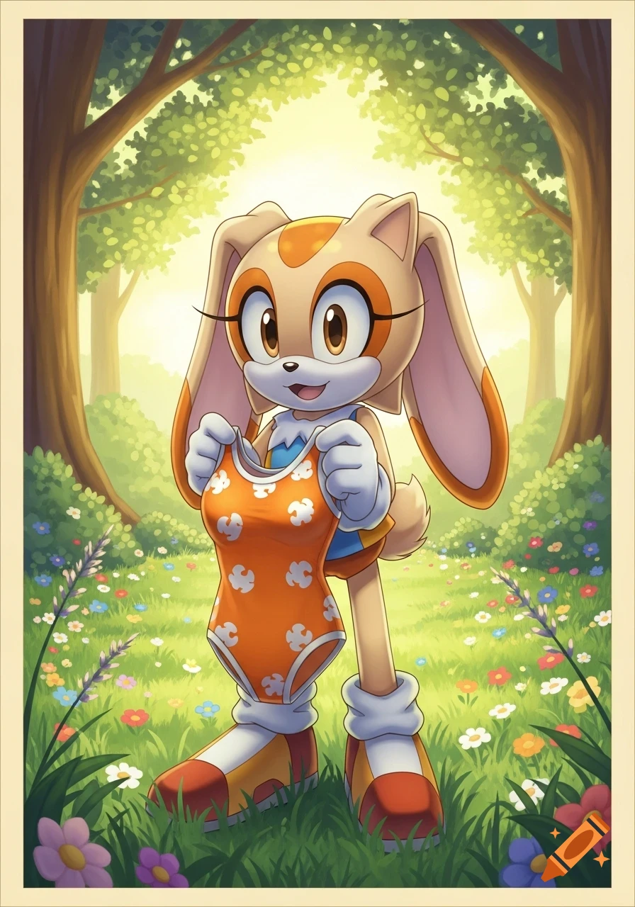 Cream the Rabbit smiles while holding an orange one-piece swimsuit in a sunny forest meadow, drawn in an anime style.