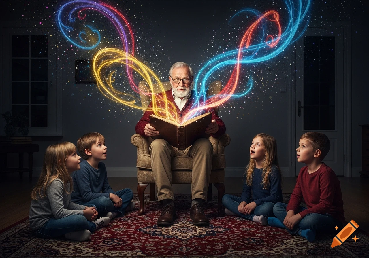 An old man reads a magical book to four children, with colorful swirling lights emanating from its pages.